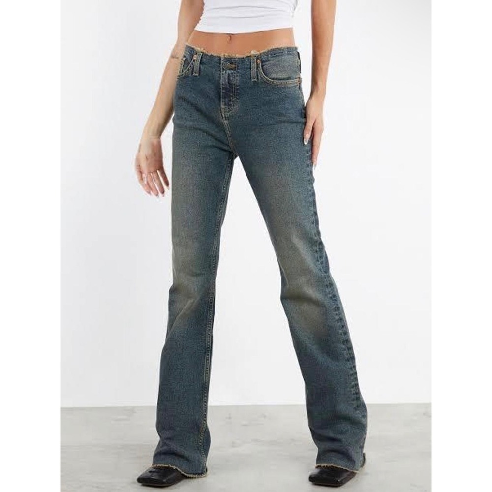 Motel Denim Womens Blue Distressed Raw Waist Low Rise Y2K Flare Jeans Size 31/S